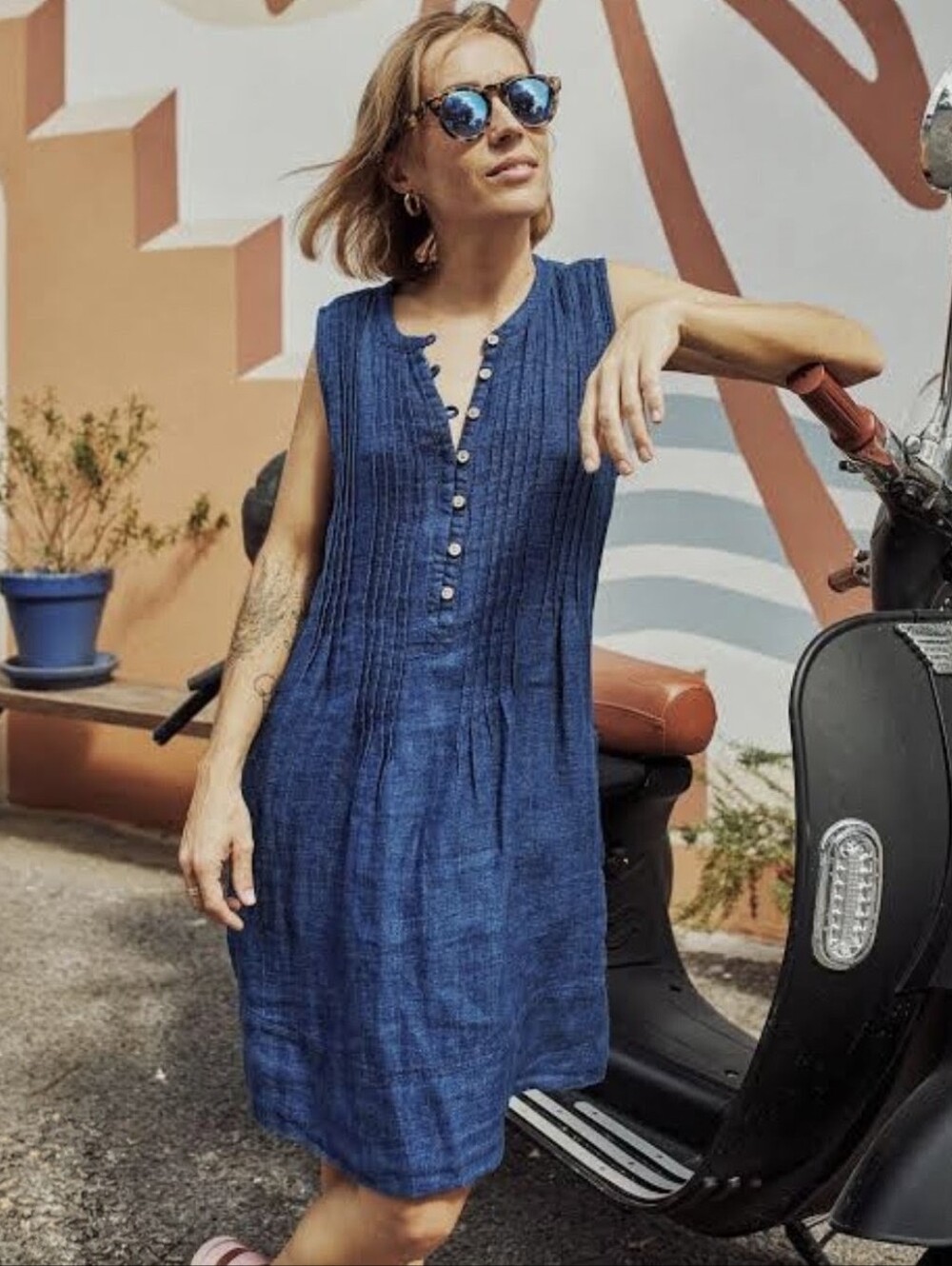Faherty Isha Linen Sleeveless Blue Pintuck Dress XS